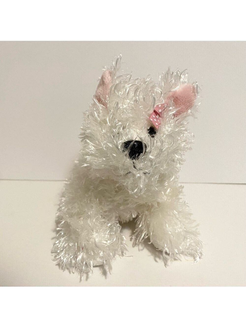 GANZ White Terrier Plush Puppy Dog Stuffed Animal 9” Toy Pink Ears Dot Bow